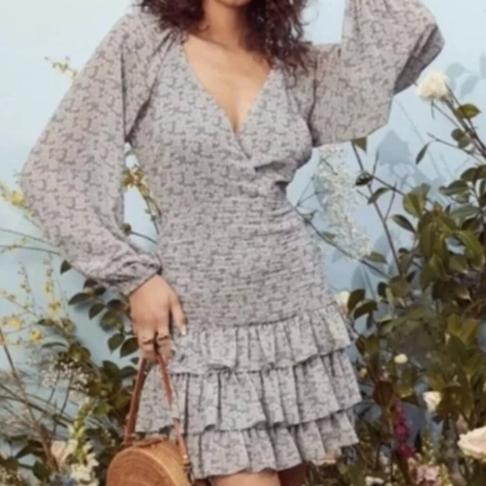 Astr Floral Mini Dress in Light Gray and Cream